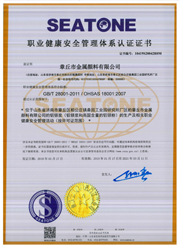 章丘金屬顏料OHSAS18001職業(yè)健康安全管理體系認證證書(shū)